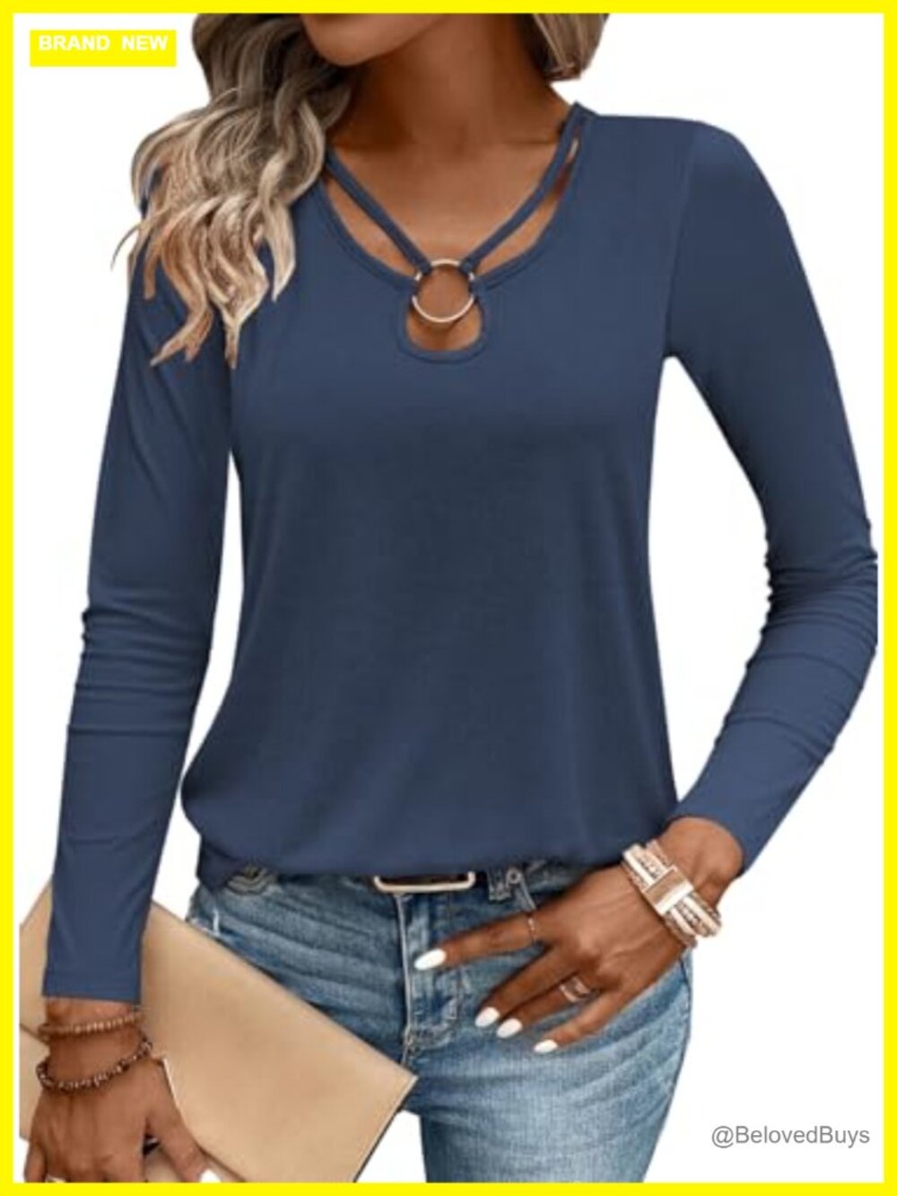 Womens Long Sleeve Cut Out Keyhole Ribbed Knit T-Shirt